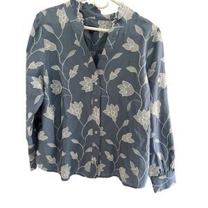 Talbots Blouse XL P Top Embroidered Cotton Ruffle Baby Blue Long Sleeve Coastal